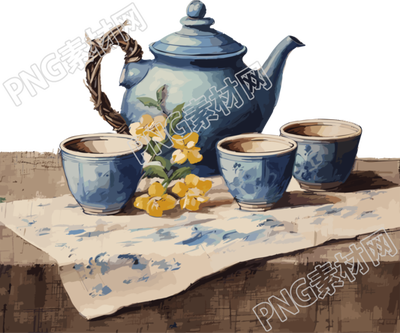 三个蓝色茶杯和茶壶在棕色布料上插画素材