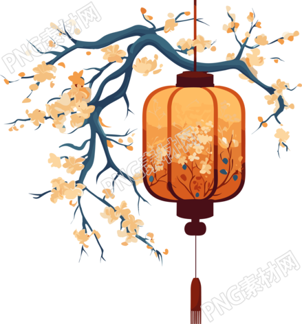 树枝上挂着的中国灯笼插画