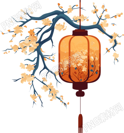 树枝上挂着的中国灯笼插画