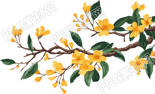 金黄色树枝与叶花PNG图形素材