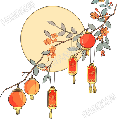 可商用桂花枝上挂满红灯笼PNG素材