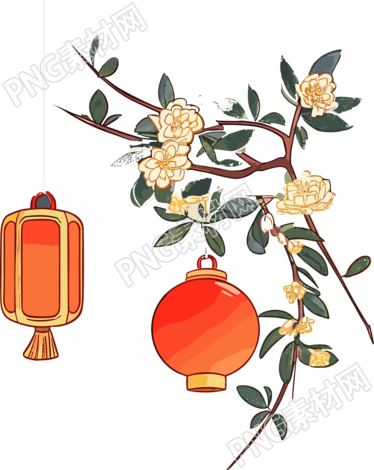 手绘红灯笼与鲜花插画