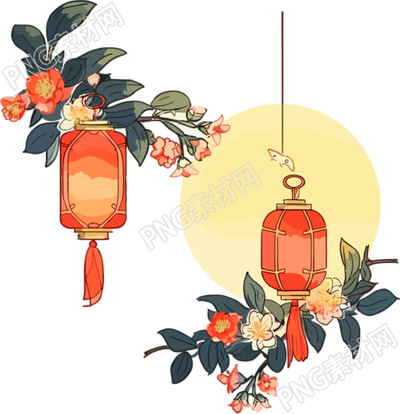 透明背景中秋节红灯笼月亮插画PNG素材