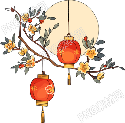 红灯笼桂花圆月插画设计元素
