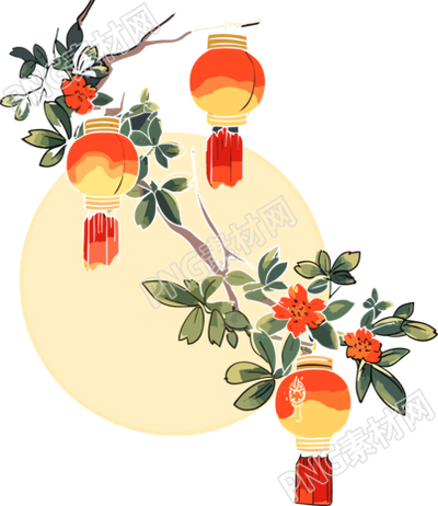 手绘平面风格红灯笼月亮插画设计