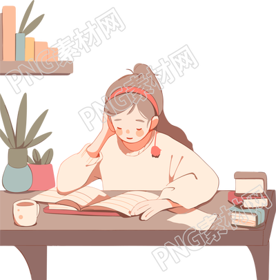 透明背景学生正在书桌前学习素材
