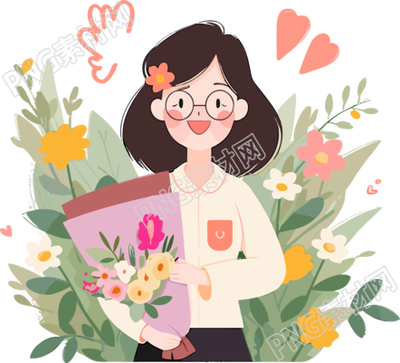庆祝教师节女老师怀抱鲜花插画素材