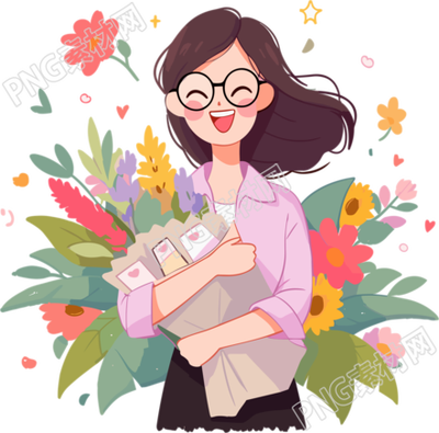 教师节花束戴眼镜的女老师手绘插画
