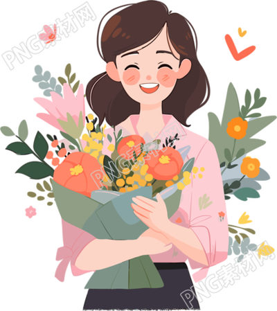 教师节怀抱鲜花的老师手绘插画PNG