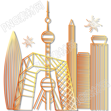 城市地标建筑橙黄色渐变线条国庆出游插画