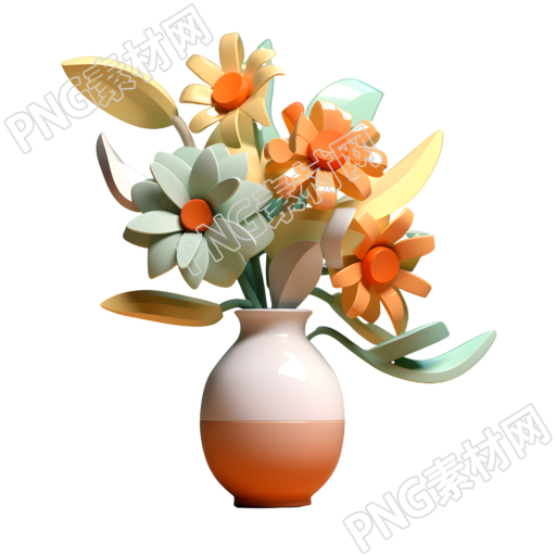 花朵与叶子装满花瓶的3D渲染素材