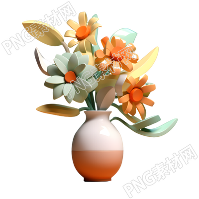 花朵与叶子装满花瓶的3D渲染素材