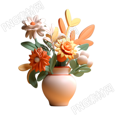 卡通风格透明背景3D鲜花插花素材