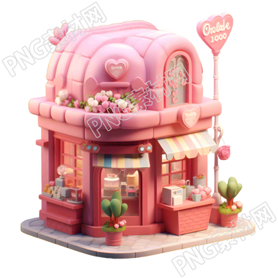 3D立体粉色茶屋商用插画