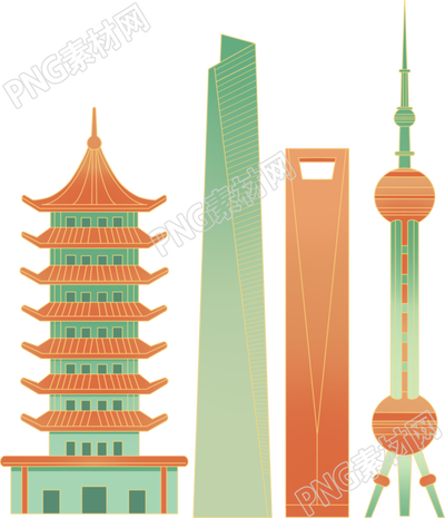 手绘城市建筑金色描边PNG素材