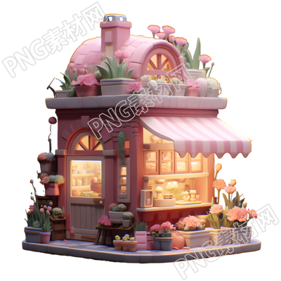 粉色木屋摆满鲜花3D立体素材