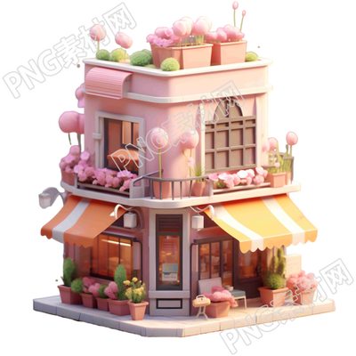 亮灯的花店可爱风建筑3D模型素材