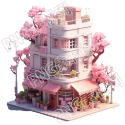 可爱风格建筑的粉色花朵和树木3D插画