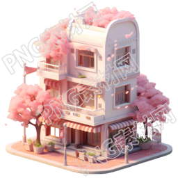 可爱风格建筑粉色樱花3D模型插画