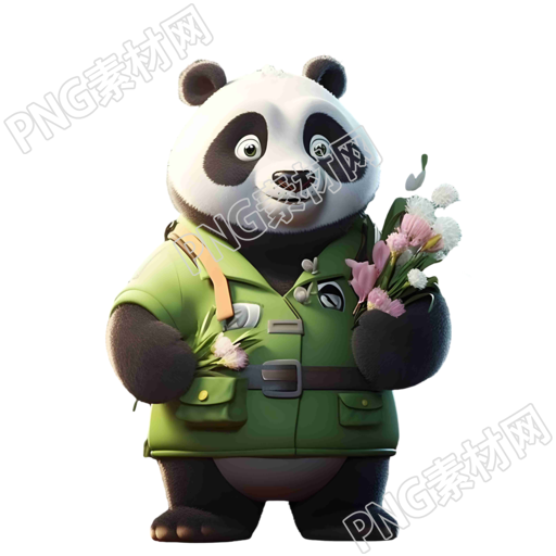 穿绿色制服手持花束的熊猫插画素材