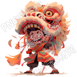 舞狮艺术红白着装的狮子与卡通角色插画
