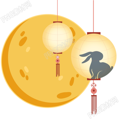 手绘圆形灯笼灰色玉兔剪影PNG插画