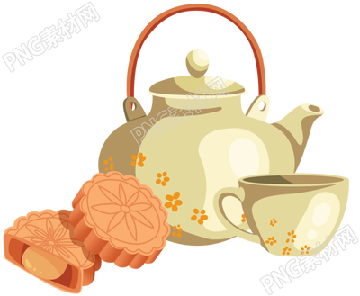 精美茶壶美味蛋黄月饼手绘插画素材