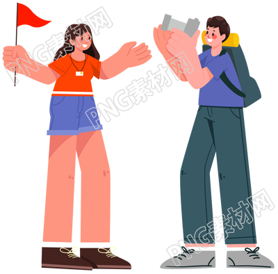 国庆出游拍照的男孩女孩插画PNG