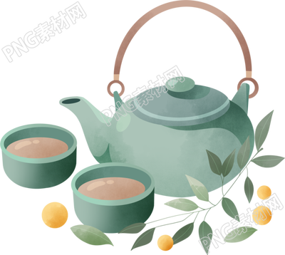油青色茶壶茶杯商用插画设计元素
