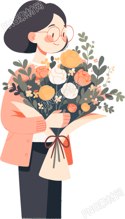 卡通老师手持鲜花插画设计