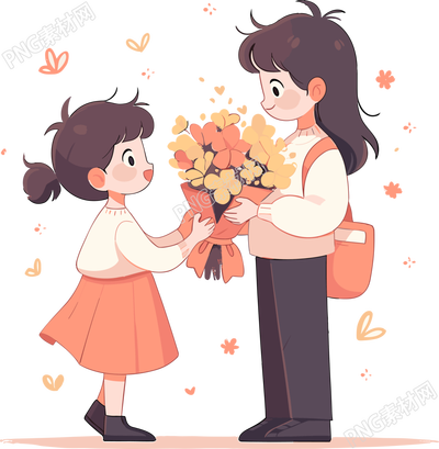 手繪插畫學(xué)生送花PNG素材