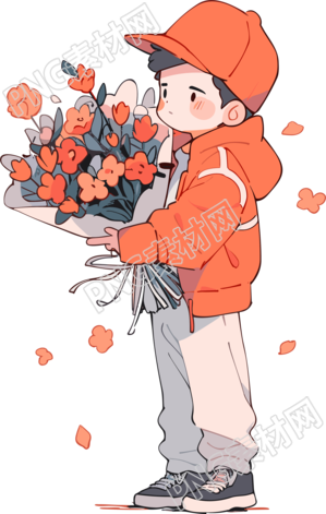 卡通小男孩手持花束插画素材