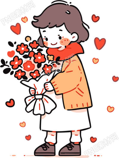 可爱女孩手持花束的简笔画插图