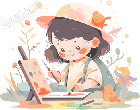 画画的小女孩可商用手绘插画设计