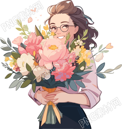 商业插图美女老师和鲜花PNG素材
