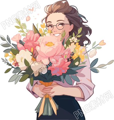 商业插图美女老师和鲜花PNG素材