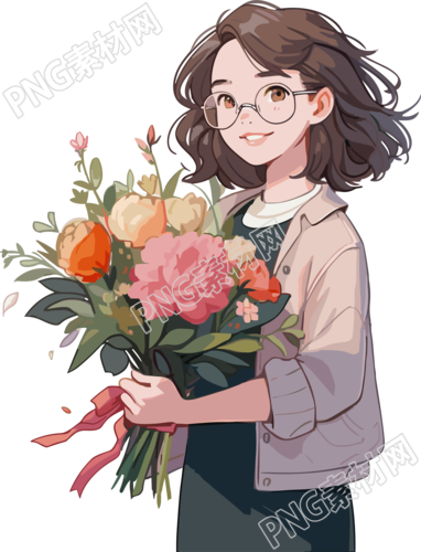 平面设计花束和眼镜老师PNG素材