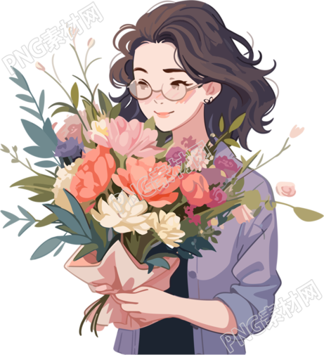 手绘插画美丽花束和女老师PNG素材