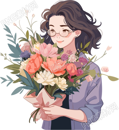 手绘插画美丽花束和女老师PNG素材