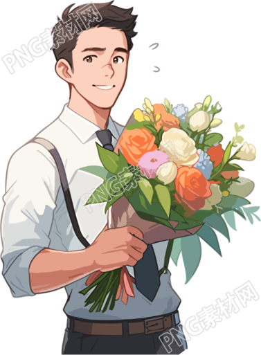 手绘男老师手拿鲜花插画设计元素