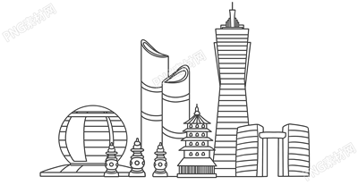 透明背景杭州建筑粗线条手绘插画