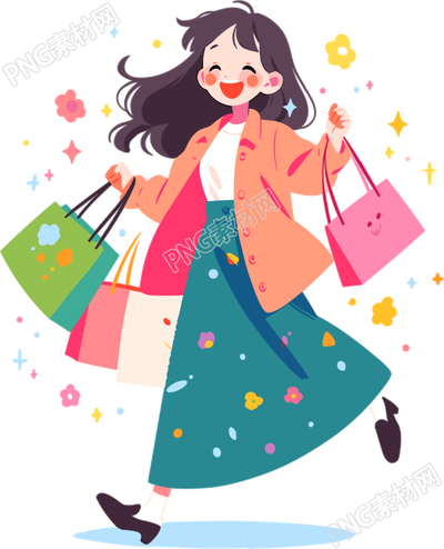 女性购物愉快的2D图形插画