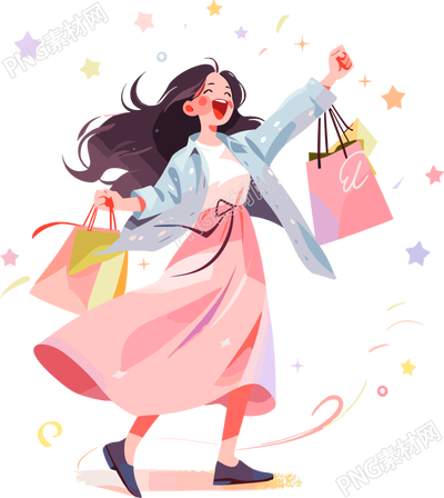 女性购物愉快的2D图形插画