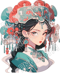 红蓝色华丽头饰装饰的中国女孩PNG插画素材