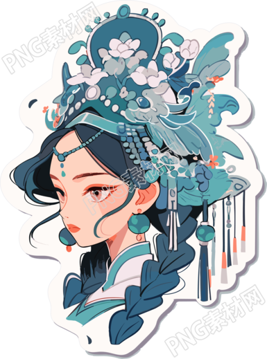 蓝色女孩装饰头饰的插画设计素材