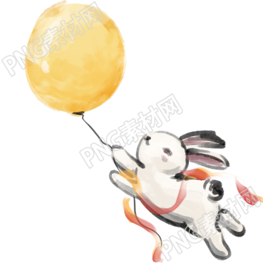 童趣风中秋玉兔和月亮气球插画PNG