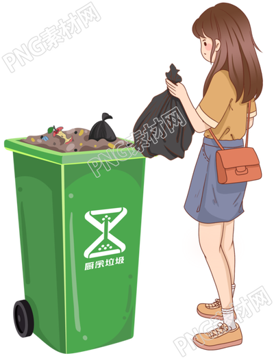 手绘卡通女孩手拿垃圾放到垃圾桶插画