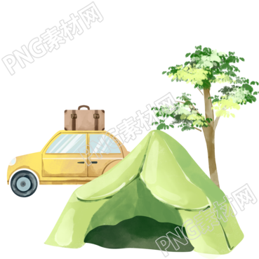 手绘秋游绿色帐篷黄色小车PNG插画