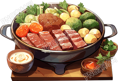 摆满牛肉和蔬菜的营养火锅素材