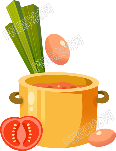 黄色锅大葱西红柿鸡蛋蔬菜商用PNG素材